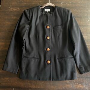 VinageKasper Black Collarless Blazer with Floral Accent Buttons